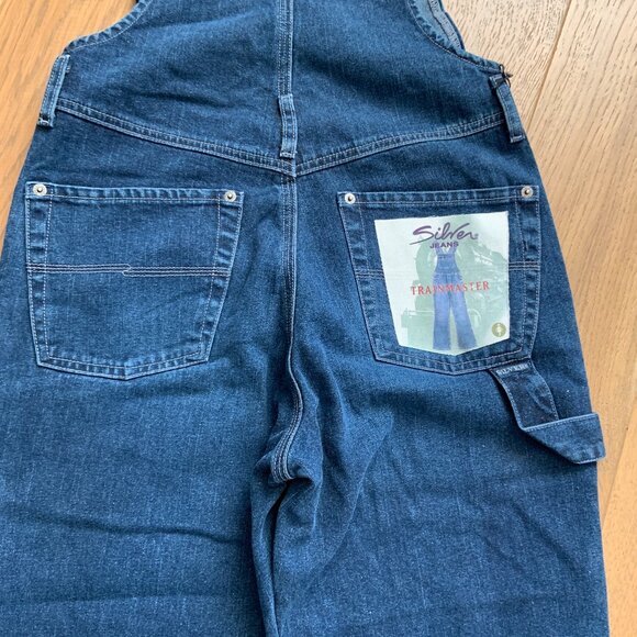 Vintage 90s Silver Jeans Flare Carpenter Denim Blue Overalls Size 5/31 - Picture 9 of 16
